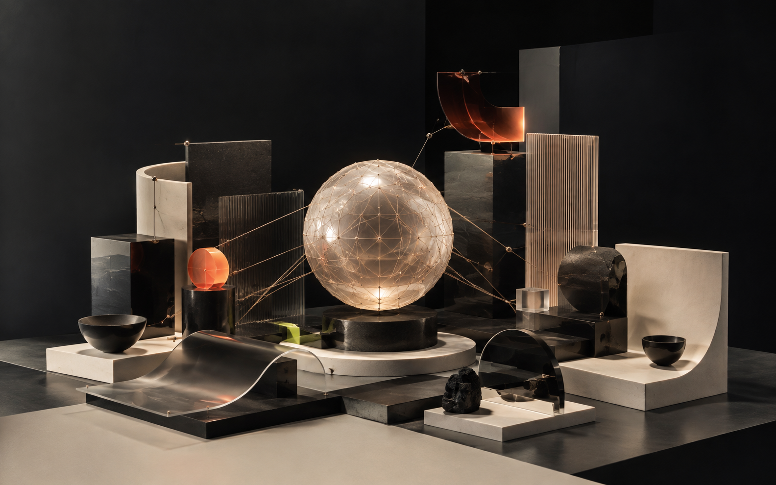 Abstract sculptural forms connected around a central sphere